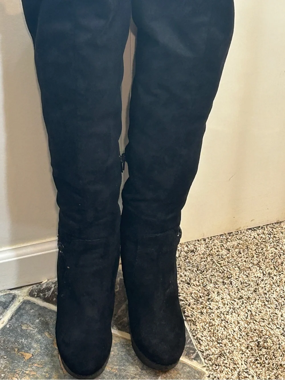Guess Black Suede Over-the-Knee Platform Stiletto Boots with Textured Heel
